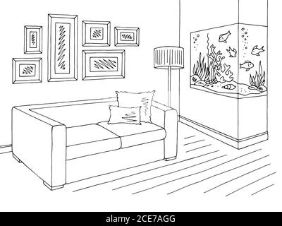 Salle de séjour graphique noir blanc aquarium intérieur esquisse illustration vecteur Illustration de Vecteur