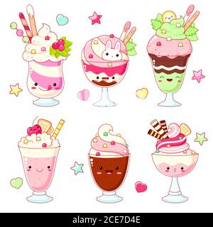 Ensemble de jolies icônes sucrées dans le style kawaii avec visage souriant et joues roses pour un joli motif. Crème glacée, milkshake, sundae pour enfants, cupcake, fruits et lait Illustration de Vecteur