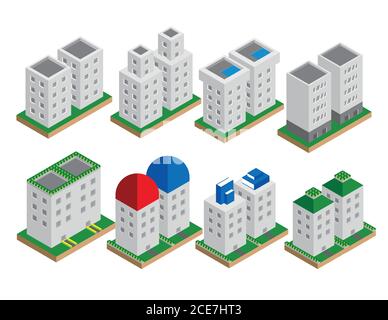 Ensemble des éléments vectoriels isométriques. Gratte-ciel, parc avec étangs, bâtiments de la ville et magasins Illustration de Vecteur