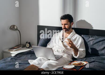Beau indépendant masculin dans le peignoir assis sur le lit avec petit déjeuner et une tasse de café tout en travaillant sur un ordinateur portable matin Banque D'Images