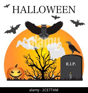 Halloween Party Vector illustration pleine lune, chauve-souris, arbre, hibou, tombe, bougie, corbeau, Jack O'Lantern, fantômes, champignons. Inscription Halloween. Festif Illustration de Vecteur