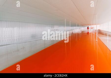 Vue arrière d'une femme méconnue sur un sol orange brillant de passage dans un bâtiment moderne Banque D'Images