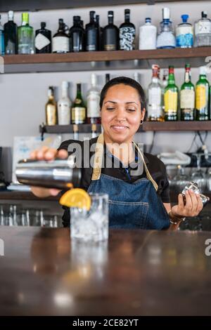 Femme barkeeper positive et concentrée dans un tablier debout à la fabrication du comptoir boissons alcoolisées et sourire en travaillant dans un café Banque D'Images