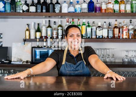 Une femme de service positive dans un tablier debout au comptoir souriant appareil photo tout en travaillant dans un café Banque D'Images
