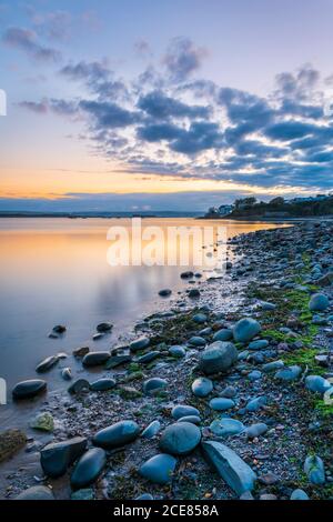 Appledore, North Devon, Angleterre. Jour férié lundi 31 août 2020. Météo Royaume-Uni. Après une nuit froide sur la côte du Devon du Nord, les premières couleurs du ciel de l'aube se reflètent dans l'eau tandis que la marée recule pour révéler les mudfalts près de Northam Burrows près d'Appledore. Le Northam Burrows Country Park se trouve à l'extrémité ouest de l'estuaire de la Taw Torridge. Situés dans un espace de beauté naturelle exceptionnelle, les Burrows font partie intégrante de la réserve de biosphère de l'UNESCO du Nord Devon. Crédit : Terry Mathews/Alay Live News Banque D'Images