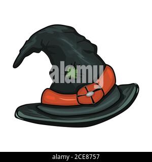 Chapeau de sorcière isolé sur fond blanc. Dessin animé Halloween vieux chapeau de sorcière une bande orange avec boucle.Magical cap.rick ou Treat.stock illustration vectorielle Illustration de Vecteur