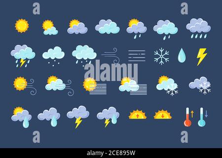 Pack d'icônes météo. Éléments de prévisions météorologiques colorés, parfaits pour les applications et widgets mobiles. Contient des icônes du soleil, des nuages, des flocons de neige... Illustration de Vecteur