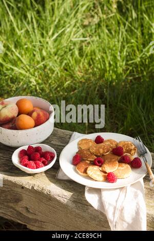 Assiette avec crêpes fraîchement cuites placée sur un banc en bois près bols avec fruits et baies pour le petit déjeuner à la campagne Banque D'Images