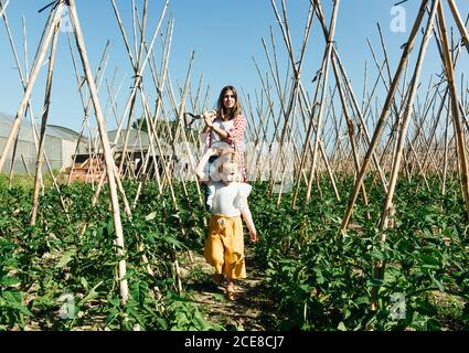 Une femme heureuse et une petite fille collectant des légumes frais sous le ciel bleu Banque D'Images