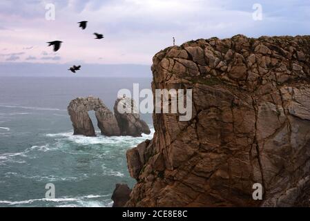 Vue latérale silhouette distante de la personne se tenant sur le bord de falaise rocheuse près de mouettes et de rochers en pleine ascension mer contre un magnifique ciel de couleur lilas à Santander Espagne Banque D'Images