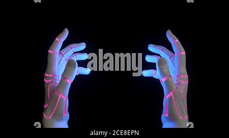 Mains du robot avec espace pour placer l'objet. Arrière-plan noir. Banque D'Images