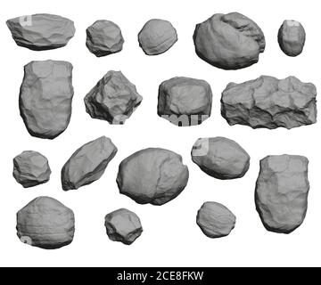 Ensemble avec des pierres de différentes formes isolées sur fond blanc. Pierres gris poly bas. 3D. Illustration vectorielle Illustration de Vecteur