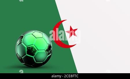 Drapeau de l'Algérie avec ballon de football en métal, drapeau national de football, coupe du monde de football, football européen, championnat américain et africain, rendu 3d Banque D'Images