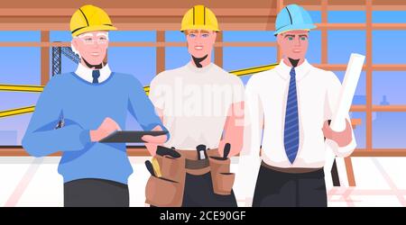 les constructeurs travaillent avec des ingénieurs du chantier en casques pendant la discussion concept de service de réparation de réunion bâtiment inachevé illustration vectorielle horizontale de l'intérieur Illustration de Vecteur