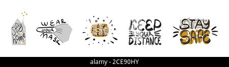 Ensemble d'affiches tirées à la main du coronavirus. Restez à la maison. Portez un masque. Lavez-vous les mains. Conserver la distance. Restez en sécurité. Illustration vectorielle. Illustration de Vecteur