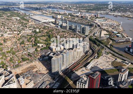 Vue aérienne de Londres avec l'île des chiens. Banque D'Images