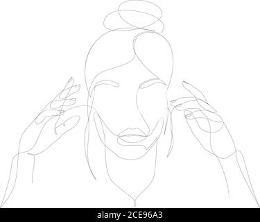 Abstact Line art vector face. Femme à dessin de ligne avec les mains. People clip art Cosmetics salon logo ligne dessin femelle Illustration de Vecteur