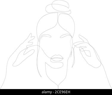 Abstact Line art vector face. Femme à dessin de ligne avec les mains. People clip art Cosmetics salon logo ligne dessin femelle Illustration de Vecteur