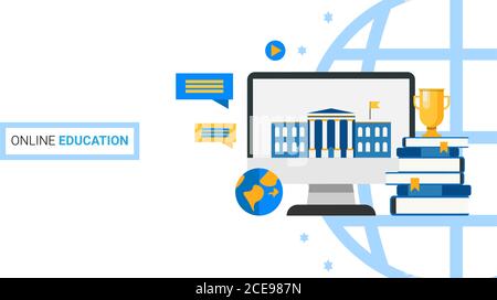 Web Education Illustration avec ordinateur, Livres et Université, fond blanc Illustration de Vecteur