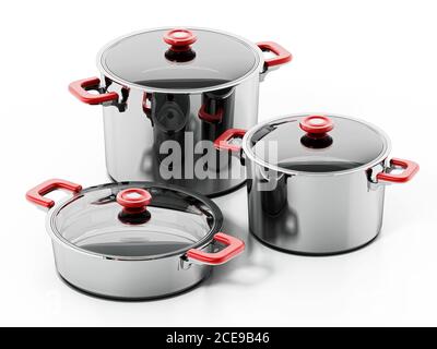 Ensemble de casseroles en acier isolées sur fond blanc. Illustration 3D. Banque D'Images