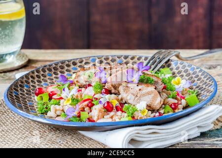 Salade de canard croustillante, d'épeautre et de grenade garnie de fleurs de alto Banque D'Images