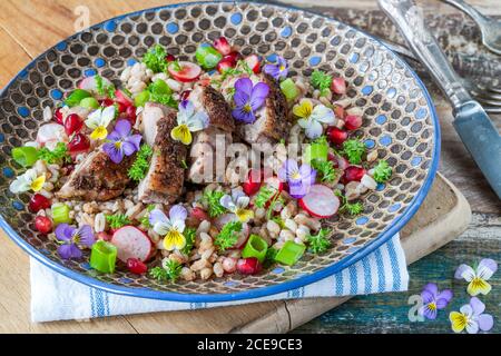 Salade de canard croustillante, d'épeautre et de grenade garnie de fleurs de alto Banque D'Images