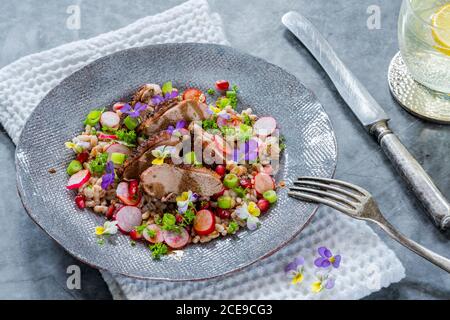 Salade de canard croustillante, d'épeautre et de grenade garnie de fleurs de alto Banque D'Images