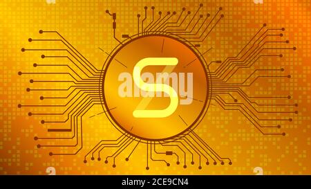 Jeton de réseau Synthetix symbole de jeton de crypto-monnaie SNX du projet defi en cercle avec des pistes PCB sur fond doré. Icône devise. Décentralisé Illustration de Vecteur