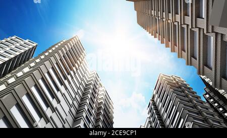 Bâtiments modernes dans un ciel bleu. Illustration 3D. Banque D'Images