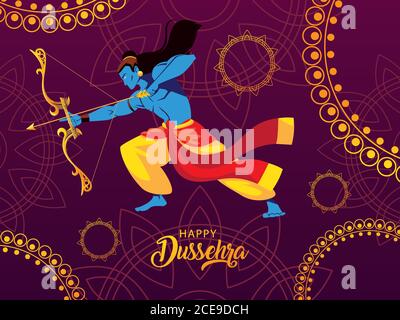 Affiche de lord Rama avec arc et flèche, étiquette Happy Dussehra vecteur illustration design Illustration de Vecteur