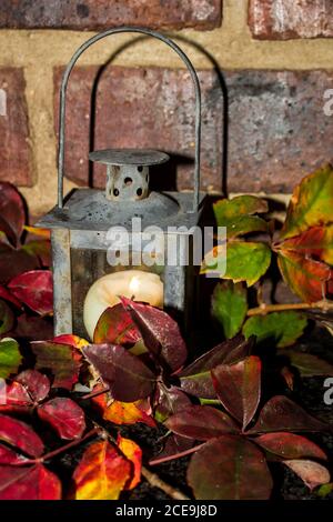 Un vieux porte-bougie abîmé en forme de lanterne entouré par les feuilles d'automne colorées d'un super-réducteur de Virginie, contre un mur de briques Banque D'Images