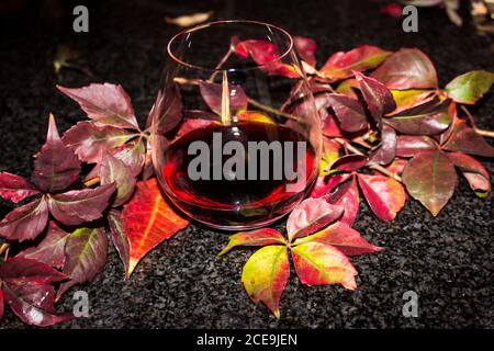 Un verre sans pied rempli d'un vin rouge foncé, entouré de feuilles d'automne dans différentes nuances de rouge sur un comptoir noir Banque D'Images