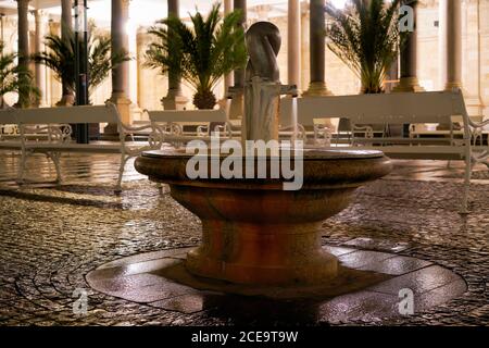 Source thermique avec eau médicinale devant le moulin Colonnade à Karlovy Vary Banque D'Images
