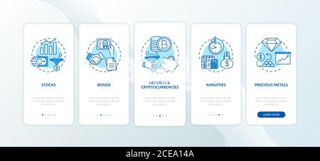 Types d'investissement intégration de l'écran de la page d'application mobile avec des concepts Illustration de Vecteur