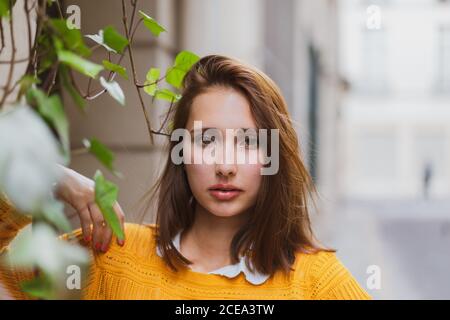 Belle femme dans un gilet jaune debout près des brunches d'arbre sur un arrière-plan flou Banque D'Images