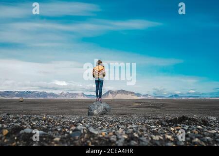 Vue arrière d'une jeune femme se tenant dans une campagne étonnante et profitant de la vue tout en voyageant à travers l'Islande Banque D'Images