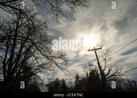 Silhouette fils et arbres de téléphone avec le soleil derrière un Ciel nuageux en arrière-plan Banque D'Images