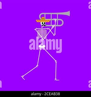 Squelette et trombone. Homme mort avec instrument de musique. Groupe de musique Dead. Crâne dans sombrero. Jour de mort au mexique. Illustration de Vecteur