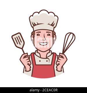 Logo du chef heureux. Cuisine, restaurant, symbole de la nourriture Illustration de Vecteur