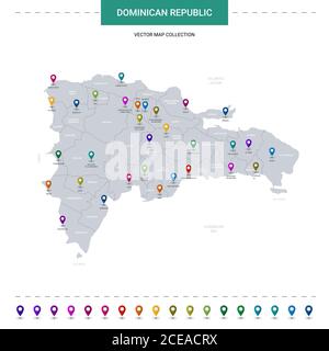 Carte de la République dominicaine avec repères d'emplacement. Modèle vectoriel d'infographie, isolé sur fond blanc. Illustration de Vecteur