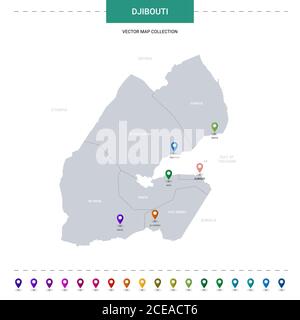 Carte de Djibouti avec repères de position. Modèle vectoriel d'infographie, isolé sur fond blanc. Illustration de Vecteur