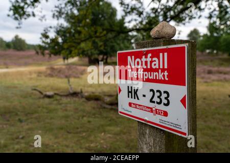 Lieu de rencontre d'urgence, point d'urgence, dans la réserve naturelle de Lüneburger Heide, Basse-Saxe, Allemagne, Banque D'Images