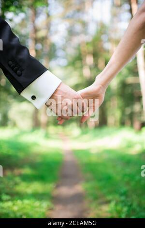 Crop mariée et marié tenant les mains dans la nature Banque D'Images