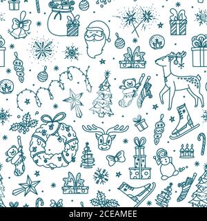 Motif de Noël sans couture avec jouets, cadeaux, renne et autres objets. Croquis d'arrière-plan sur le thème de Noël. Illustration vectorielle dans doodle Illustration de Vecteur