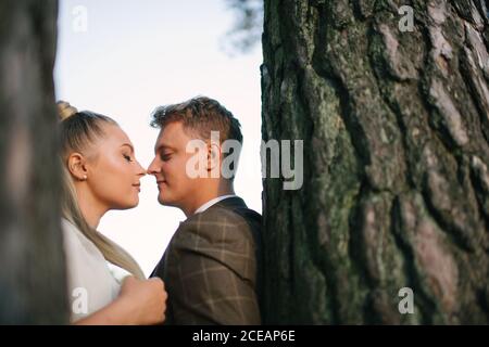 Vue latérale d'un couple nouvellement né touchant le nez et le cuddling à arbre dans la nature Banque D'Images