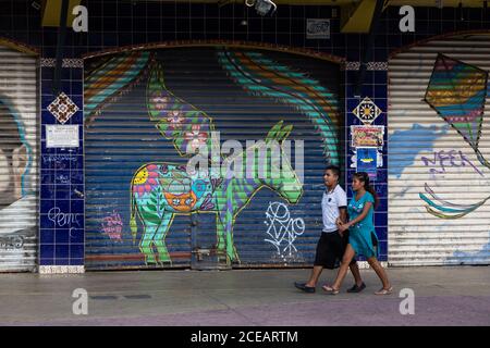 Un couple mexicain se promène devant l'art de la rue à la porte d'un magasin, représentant un « Zonkey », une création unique du Tijuanan réalisée en peignant des zébrures Banque D'Images