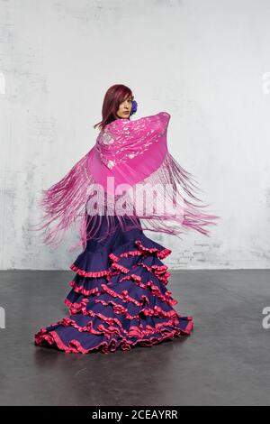 Danseuse de flamenco en action avec le costume de danse espagnol typique. Vitesse et mouvement élevés. Banque D'Images