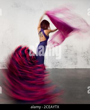 Danseuse de flamenco en action avec le costume de danse espagnol typique. Vitesse et mouvement élevés. Banque D'Images