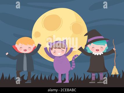 joyeux halloween, personnages déguisements chat sorcière et dracula enfants, trick or treat, illustration de vecteur de fête Illustration de Vecteur