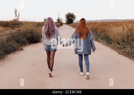 Vue arrière des femmes modernes en denim avec cheveux longs tenir les mains et marcher sur une route rurale éloignée Banque D'Images